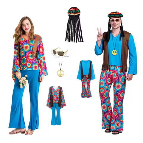 Women Men Couples Halloween Purim Party Costumes Fancy Dress Halloween Adult Retro 60s 70s Hippie Lo