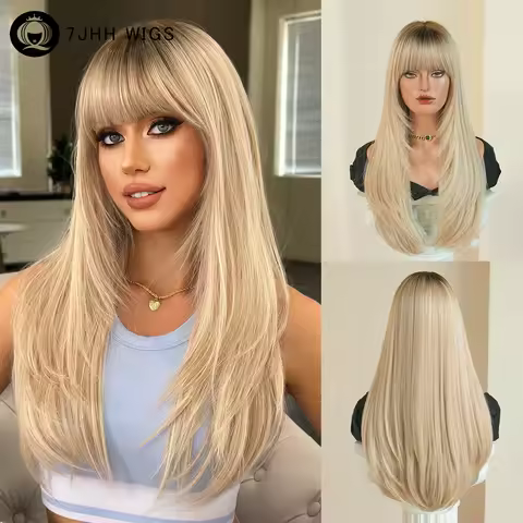 7JHH WIGS Long Straight Blonde Wig for Women High Density Synthetic Layered Modest Fashion Wear and 