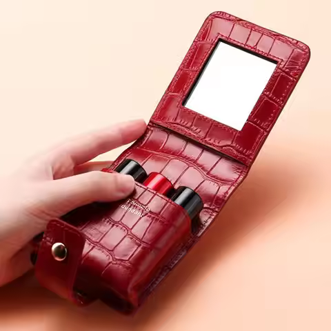 PU Lipstick Case Holder with Mirror Lipstick Holder Makeup Travel Cases Organizer Bag Mini Handheld 