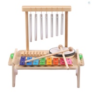 ssgsg Wind Chime Combination Set Kids Drum Set Windchime Xylophone Drum Wood Guiro Scraper 4-in-1 Musical Instruments Set with 2 Mallets Natural Wooden Music Kit Birthday