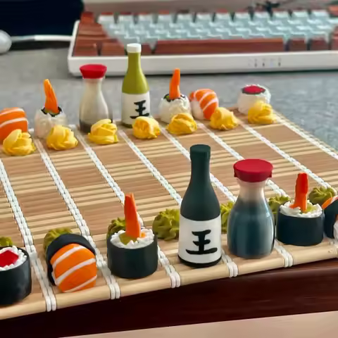 3D Printed Sushi Design Chess Set, Foldable Portable Chessboard