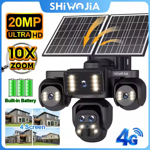 SHIWOJIA 20MP 10X ZOOM Camara Solar 4G SIM 5 Lens 4 Screens Security Protection 360° Auto Tracking H