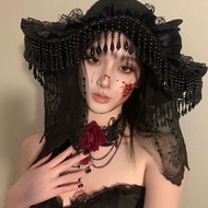 หมวกโบว์สีเขียวคล้ายม้า BXA Original Christmas Cos Countess Tassel Hat Gothic Widow Witch Hat หมวกตก