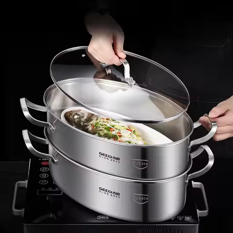 38cm 2 Layers' Fish Poaching Pan Ultra Thick Integrated Kitchen Oval Pot 304 Stainless Steel Stewpot