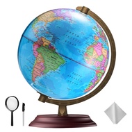 Illuminated World Globe for Kids & Adults All Ages with Wooden Stand 7 in 1- Night View Stars Map Co