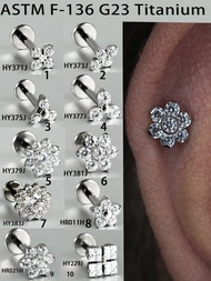 1PC F136 Titanium Internal Thread 16G Screw On Flatback Stud Big Sun Flower Triangle Squre Cz Cartil