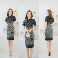 เดรสผ้าทอคอจีน แต่งกระดุมปั๊ม ทรงสอบ อัดกาวทั้งชุด (S-2XL) KS459