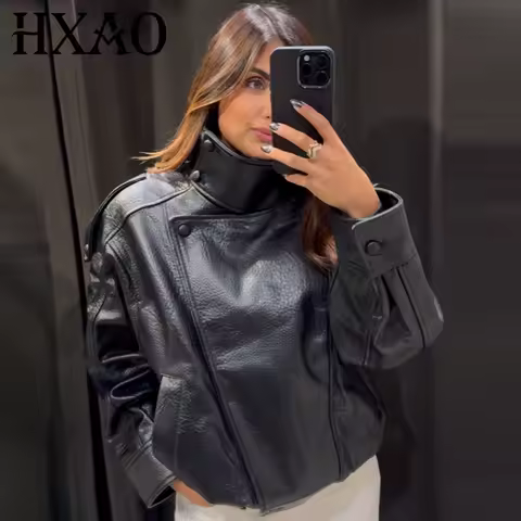 HXAO Faux Leather Black Jackets For Woman New Arrival Cropped Oversize Bomber Jacket Zip-Up Long Sle