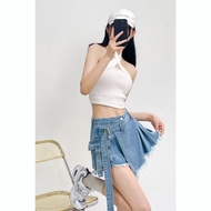 High Street เดนิม Mini กระโปรง มีขอบ ดีไซน์ ทรงเอ ขากว้าง กางเกงยีนส์ กางเกงขาสั้น Anti-Light Half B