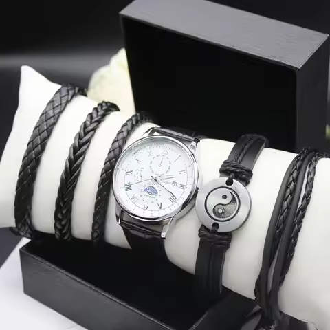 5pcs Set Men's Sports Watch High-grade Movement Three Eyes Watch Pandora Bracelets Box for Swimming 