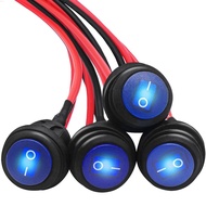 mankk 4Pcs Suis Rocker Bulat 12V Suis Togol Kalis Air SPST 3 Pin ON/Off dengan Lampu LED Biru dan Wa