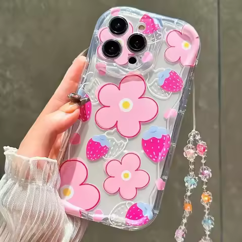 Fashionable, simple and cute TPU phone case with floral patterns With high-quality lanyards - i Phon
