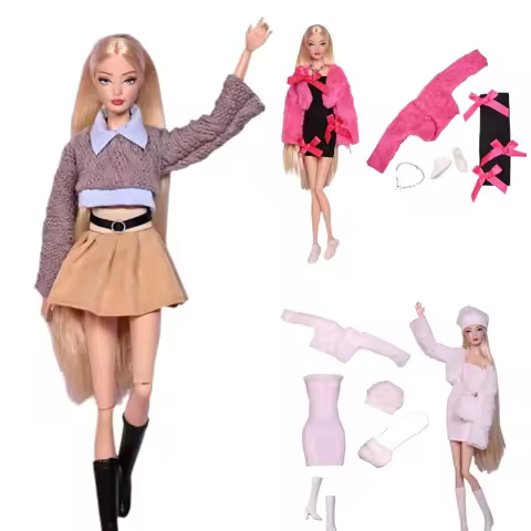 1 Set Dolls Plush Vest Tight Fitting Jumpsuit Dress Shoes Bag For Barbie 11.5Inch 30cm BJD Clothes C