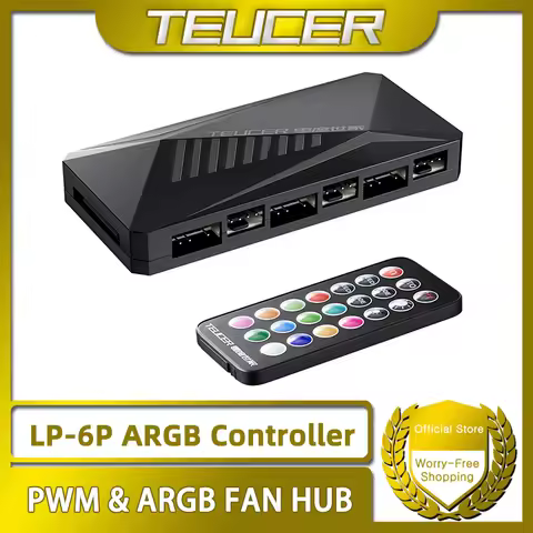 TEUCER LP-6P ARGB Controller 3Pin and 4Pin Multi Way Splitter 1 to 6 Case Fan Extension Cable Adapte