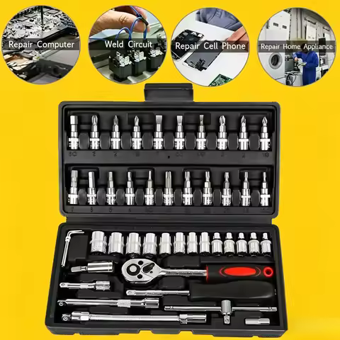 46 PCS Professional Auto Repair Tool Set, 1/4-Inch Drive Socket Set, Ratchet Wrench, Metric Mechanic