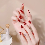 【With Glue】24pcsWine Red Press on nails Short Fake Nails with Solid Color Designs Glossy False Nails Fake Fingernails Salon DIY Reusable Acrylic Nail Art Tips Manicure Gifts Tabs Nail File 24Pcs