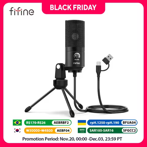 FIFINE USB Condenser Microphone with Gain Knob,Metal Recording Mic for Home Studio,Podcasting,Voice-