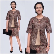 Baju Kerja Setelan Rok Blus Batik Arini Coklat