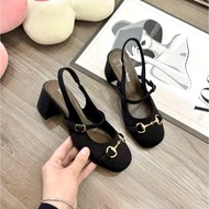 5cm Square Toe High Heels with Gold Suede Chain 416