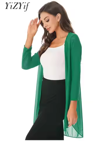 Women Plus Size Blouses Shirt Sheer Chiffon Long Cardigan Open Front Summer Beach Cover Up Long Shru