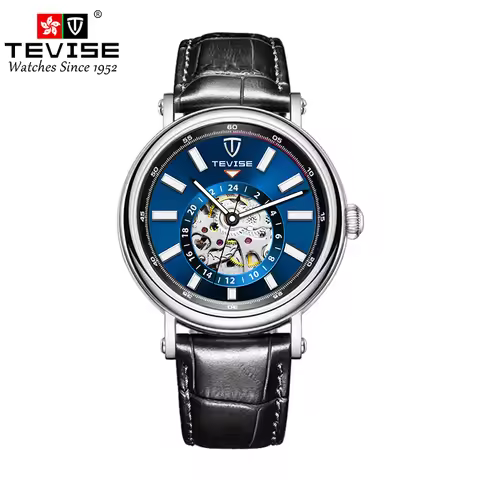 TEVISE Men's Automatic Mechanical Watch Leather Strap Hollow Design Business Casual Style
