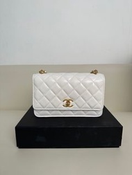 Chanel 白色 woc with double chain 罕有雙鏈款 可側咩 (wallet on chain caviar white/gold) 油蠟羊皮