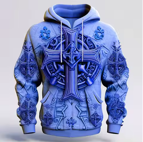 Cross Pattern Men's Retro Hoodies Autumn Winter Long Sleeve 3D Print Street Man Hooded Sweatshirts 5