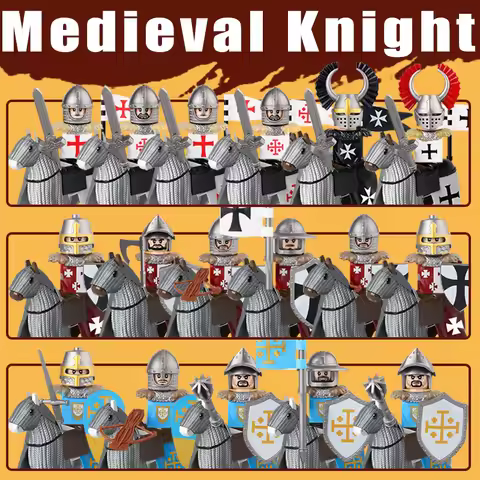 Medieval Military Teutonic Knights Templar Building Blocks Ancient Horse Soldier Figures Flag Helmet