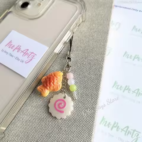 Kawaii Japanese Street Food Taiyaki, Narutomaki Fish Cake, Dango Phone Charm Keychain