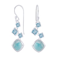 Silver thai Square dangle earrings silver crystal aquamarine turquoiseต่างหูระย้าทรงเหลี่ยมเงินแท้92