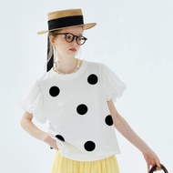 白色拼接燈籠袖黑點點上衣