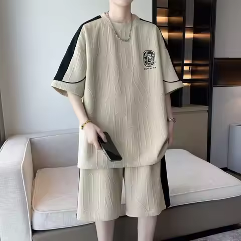 TZ60 2026 Men's new Waffle Summer Suit Casual 4XL 5XL T-shirt + Shorts Suit Men's Tracksuit Solid co