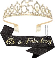 Canitor 65th Birthday Decorations Gifts For Women Black Gold Birthday Crown Tiara Sash Set 65th Birt
