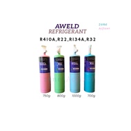 Aweld refrigerant gas R410(750g) / R22(800g) / R134a(1000g) / R32(700g).