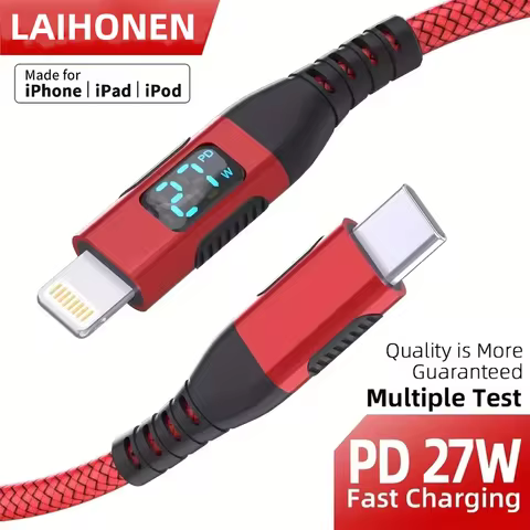 MFi Certified USB C to Lightning Cable LED Display PD Fast Charging Smart Charging Indicator Red Bra