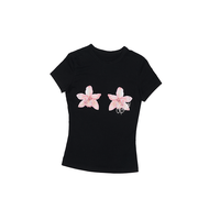 เสื้อยืดแขนสั้นผู้หญิงลายดอกไม้ฤดูร้อน ทรงเข้ารูป ยืดหยุ่นได้ดี คอกลม ระบายอากาศได้ดี สวมใส่สบาย 1JI