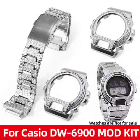 For Casio G-Shock DW6900 Upgrade DW-6900 Stainless Steel Case Band Set Diamond Accents Silver /Gold/