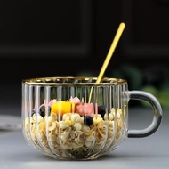 玻璃碗沙拉碗湯碗早餐杯金邊南瓜杯手柄家用女花茶杯玻璃杯咖啡杯