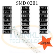 Resistor SMD 0201 7.5ohm,8.2ohm,9.1ohm,75ohm,750ohm,7.5Kohm,82ohm,820ohm,91ohm,910ohm,750Kohm,820Kohm,910Kohm 5% 30 pcs