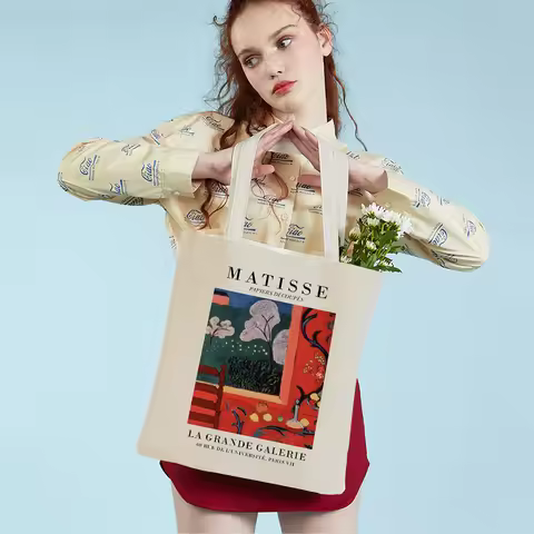 Vintage Matisse Cutout Galerie Fauvism Cat Fish Lady Tote Handbag Canvas Women Shopping Bags Print S