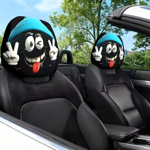 2pcs Blue Hat Cute Expression Themed Printed Car Seat Cushion Headrest Neck Pillow Cover - Featuring