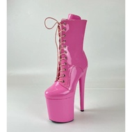 Pink Patent Leather 20cm Super High Heel Platform Pole Dance Shoes Nightclub Fashion Boots NQJX