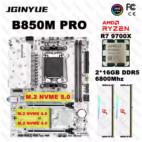 JGINYUE B850 Motherboard Set With AMD R7 9700X CPU 2*16GB DDR5 6800MHz Support M.2 NVME SATA 3.0 B85