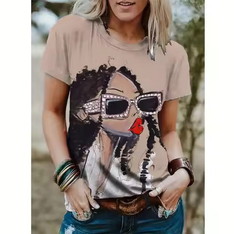 Women's Abstract Face Short Sleeve T-shirt 3D Printin Harajuku Street Style T-shirt Girls Y2K Plus S