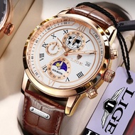 นาฬิกาควอตซ์ลำลองสำหรับผู้ชายและกล่องนาฬิกาโครโนกราฟดวงจันทร์กันน้ำนาฬิกาข้อมือแฟชั่นสำหรับผู้ชายของ LIGE