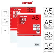 JOYKO Loose Leaf Binder 70gsm 100gsm A5 B5 50 Sheets Plain Dot Grid Ruled Binder Paper