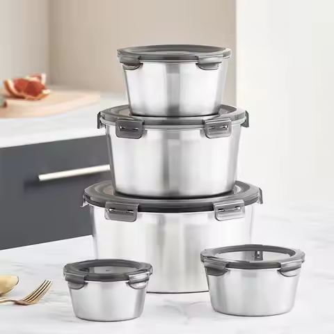 304 Stainless Steel Round Lunch Box Refrigerator Crisper Airtight Food Box Microwave Heating Cooking