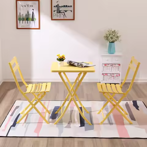 Yellow folding table and chair set, three piece square table and leisure chair set for terrace, smal