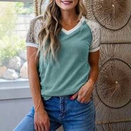 Summer Green Bay Area Colorblock Lace Leopard Print Patchwork Twisted Texture Casual V-Neck T-Shirt