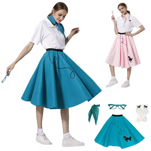 4 Piece Poodle Skirt Costume Adult Women Retro 50s/60s Grease Cosplay Outfit Cat-Eye Glasses Scarf S